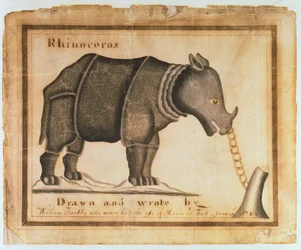 Rhinoceros, Drawn and Wrote by William Twiddy Who Never Had the Use of Hands or Feet, June 1st 1744